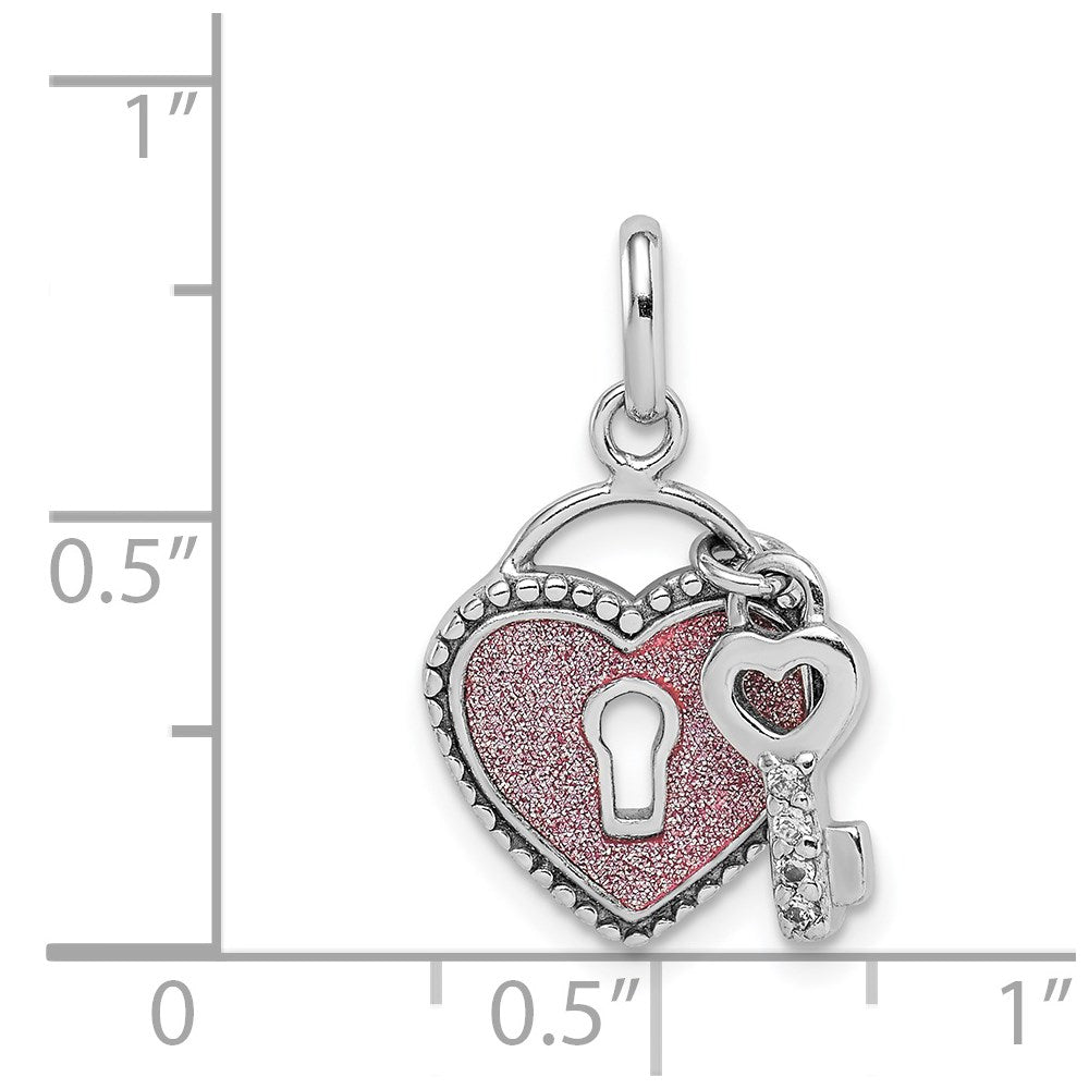 Sterlingsilber Rhodiniert Zirkonia Glitzer Infused Herz und Key Anhänger
