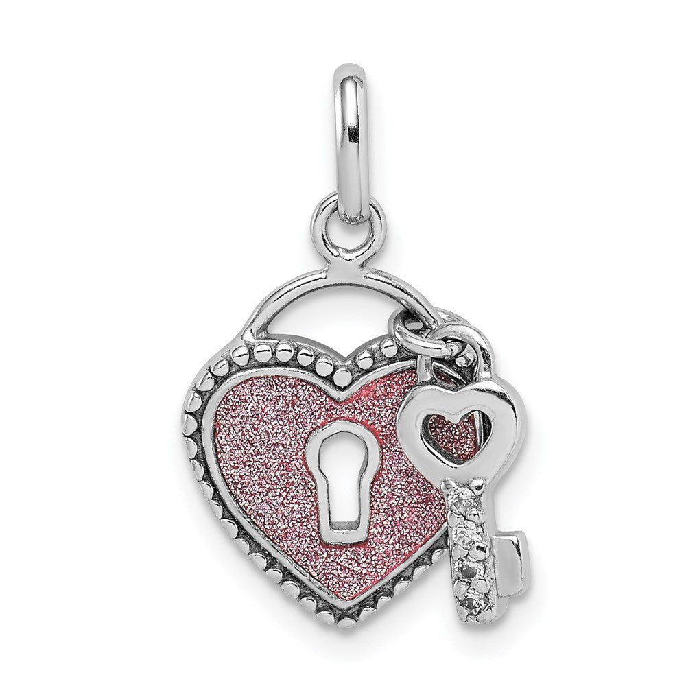 Sterlingsilber Rhodiniert Zirkonia Glitzer Infused Herz und Key Anhänger