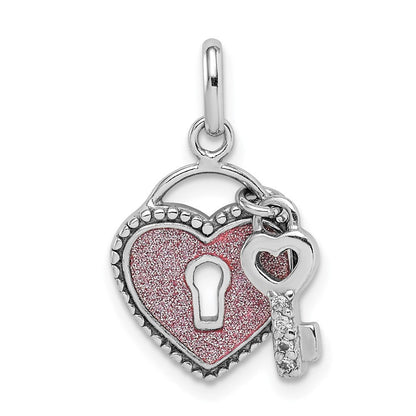 Sterlingsilber Rhodiniert Zirkonia Glitzer Infused Herz und Key Anhänger