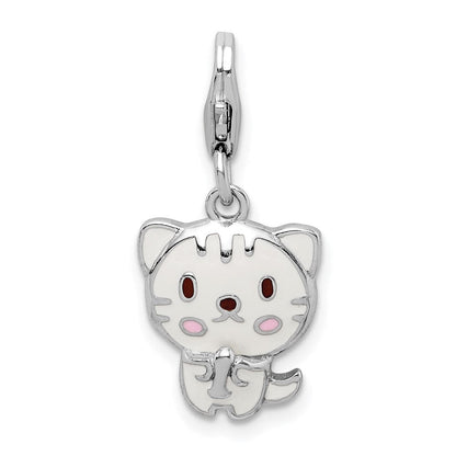 Sterlingsilber Rhodiniert Emailliert Kitten mit Karabinerverschluss Charm
