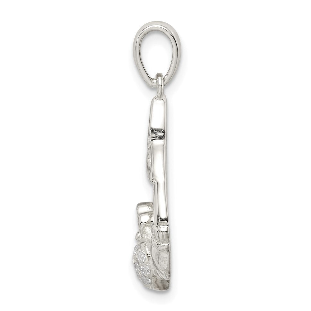 Sterlingsilber Poliert Zirkonia Claddagh mit Dreifaltigkeit Knoten Anhänger