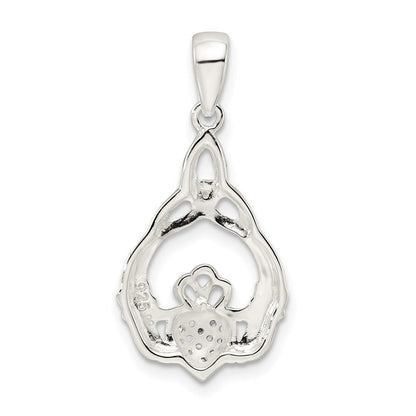 Sterlingsilber Poliert Zirkonia Claddagh mit Dreifaltigkeit Knoten Anhänger