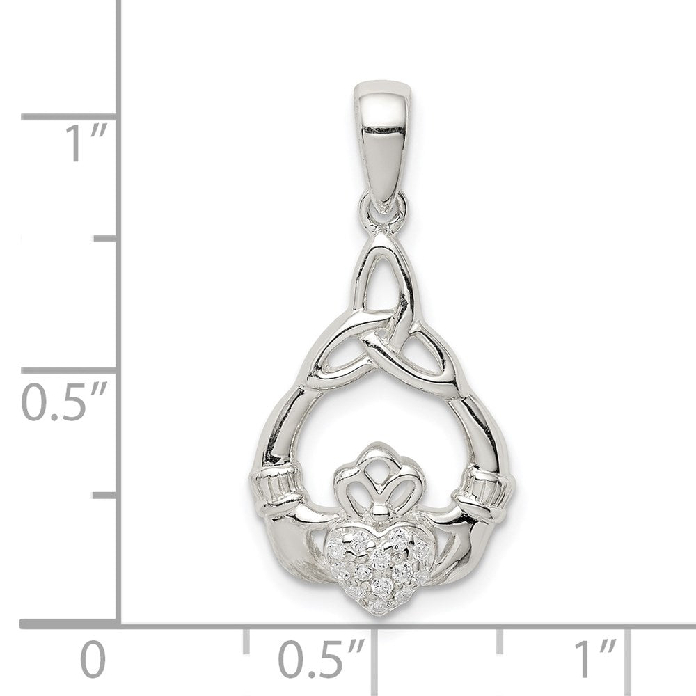 Sterlingsilber Poliert Zirkonia Claddagh mit Dreifaltigkeit Knoten Anhänger