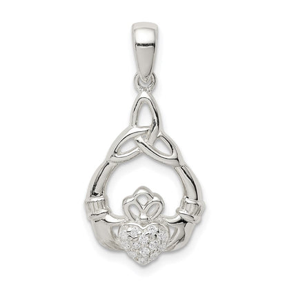 Sterlingsilber Poliert Zirkonia Claddagh mit Dreifaltigkeit Knoten Anhänger