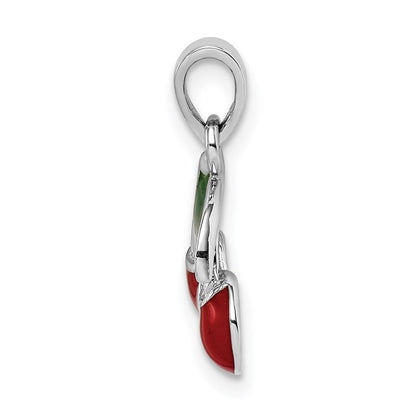 Sterlingsilber Rhodiniert Rot & Grün Emailliert Cherry Kinder Anhänger