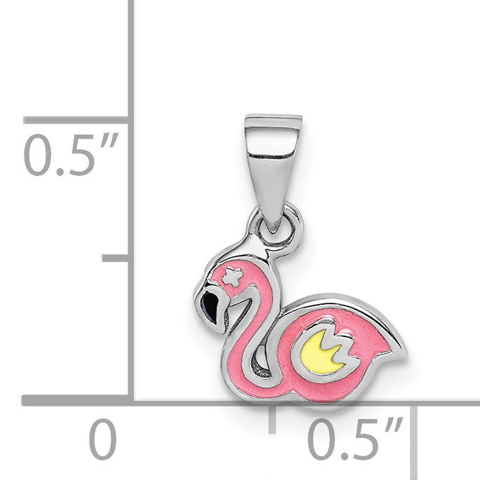 Sterlingsilber Rhodiniert Mehrfarbig Emaille Flamingo Kinder Anhänger