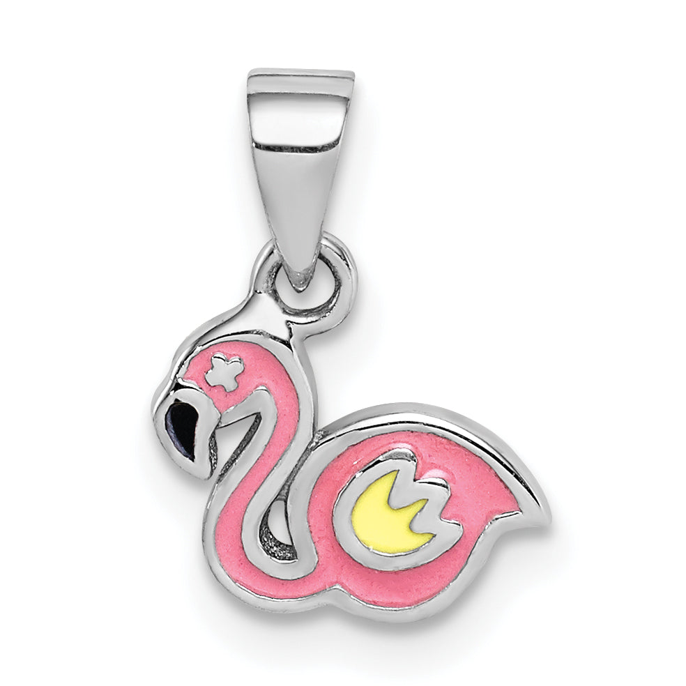Sterlingsilber Rhodiniert Mehrfarbig Emaille Flamingo Kinder Anhänger