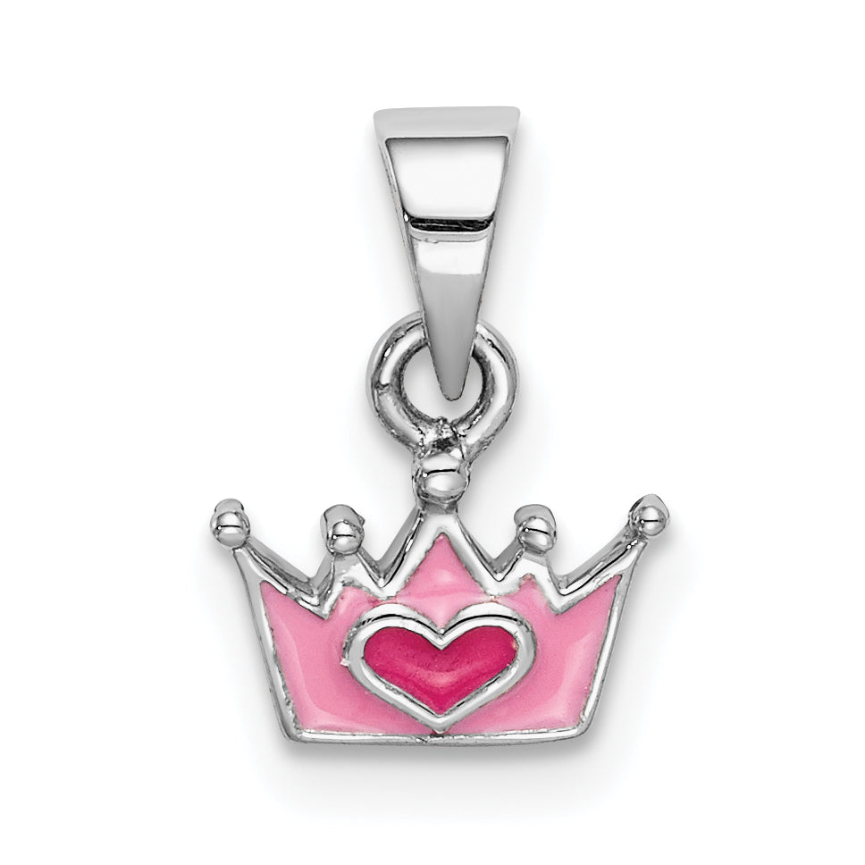 Sterlingsilber Rhodiniert Rosa Emailliert Herz Krone Kinder Anhänger