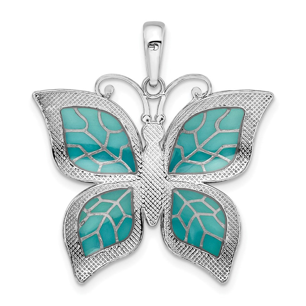 Sterlingsilber De-ani Rhodiniert Poliert Emailliert Aqua Schmetterling Anhänger
