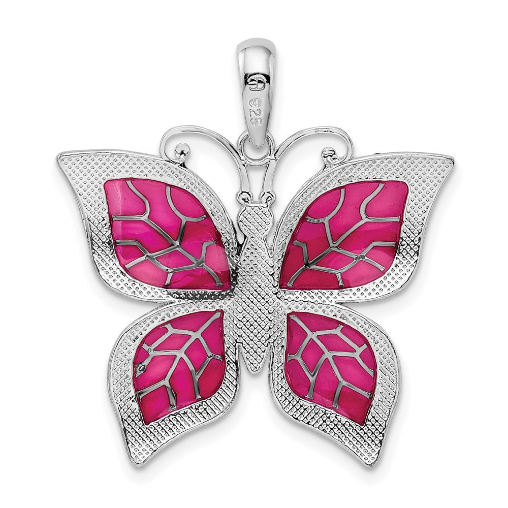 Sterlingsilber De-ani Rhodiniert Poliert Emailliert Fuchsia Schmetterling Anhänger