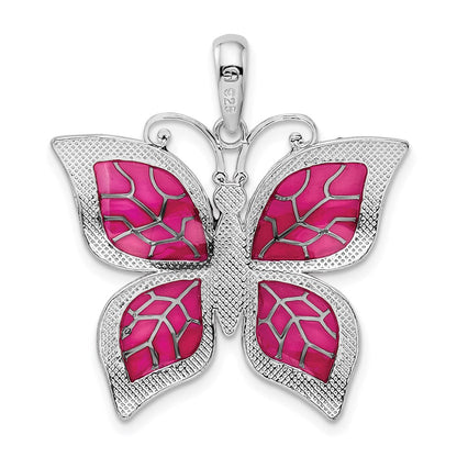 Sterlingsilber De-ani Rhodiniert Poliert Emailliert Fuchsia Schmetterling Anhänger