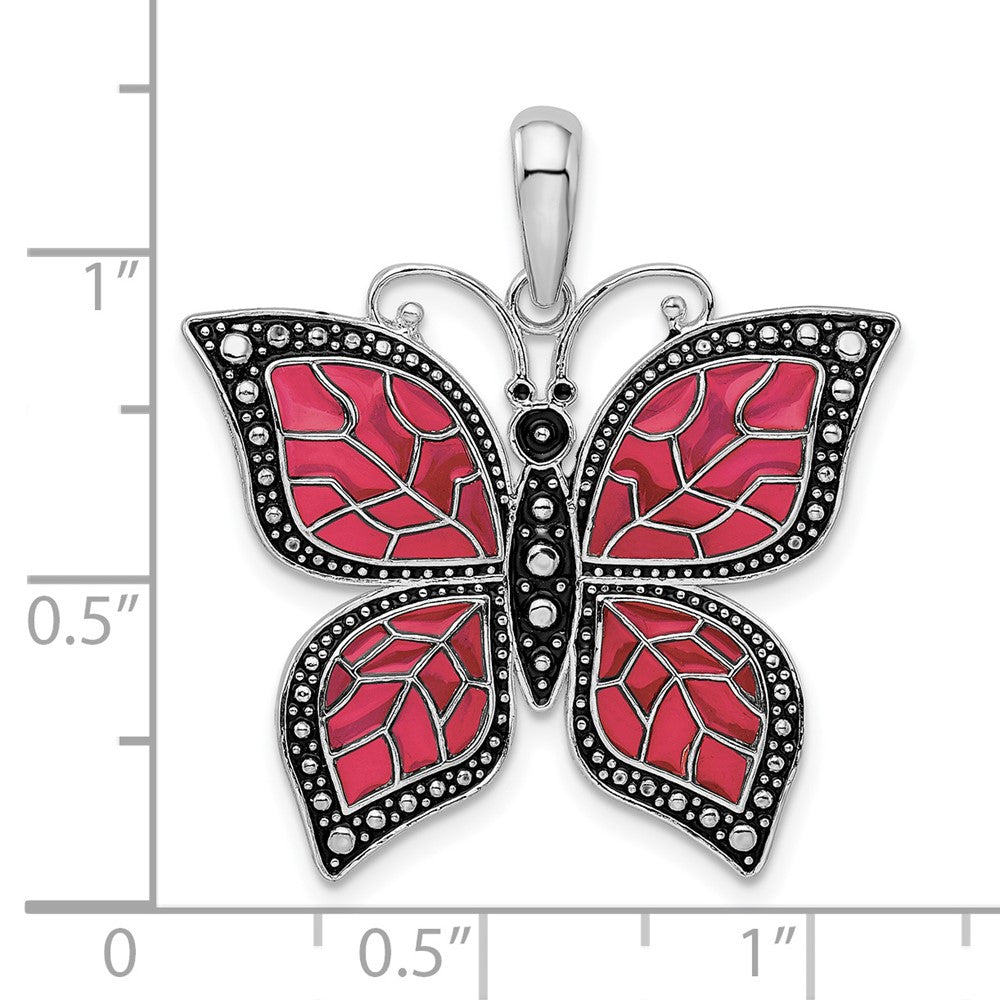 Sterlingsilber De-ani Rhodiniert Poliert Emailliert Fuchsia Schmetterling Anhänger