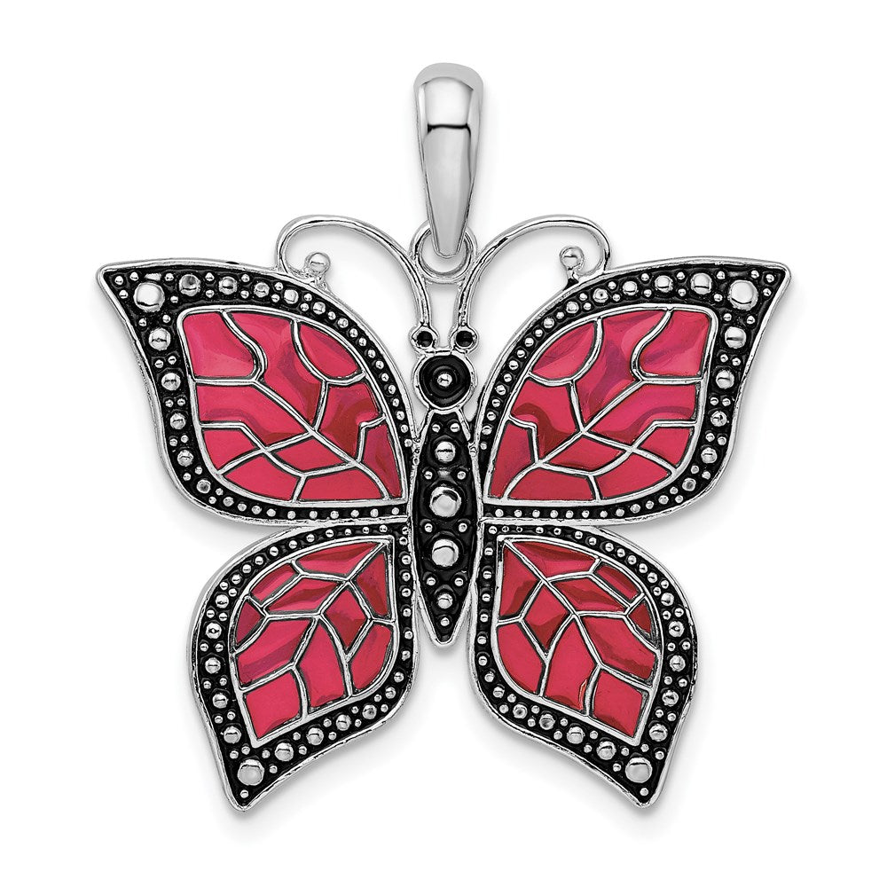 Sterlingsilber De-ani Rhodiniert Poliert Emailliert Fuchsia Schmetterling Anhänger
