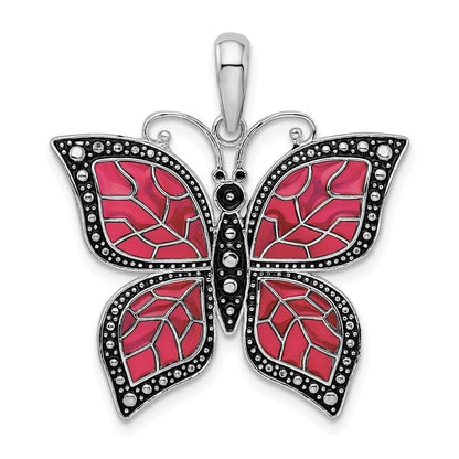 Sterlingsilber De-ani Rhodiniert Poliert Emailliert Fuchsia Schmetterling Anhänger