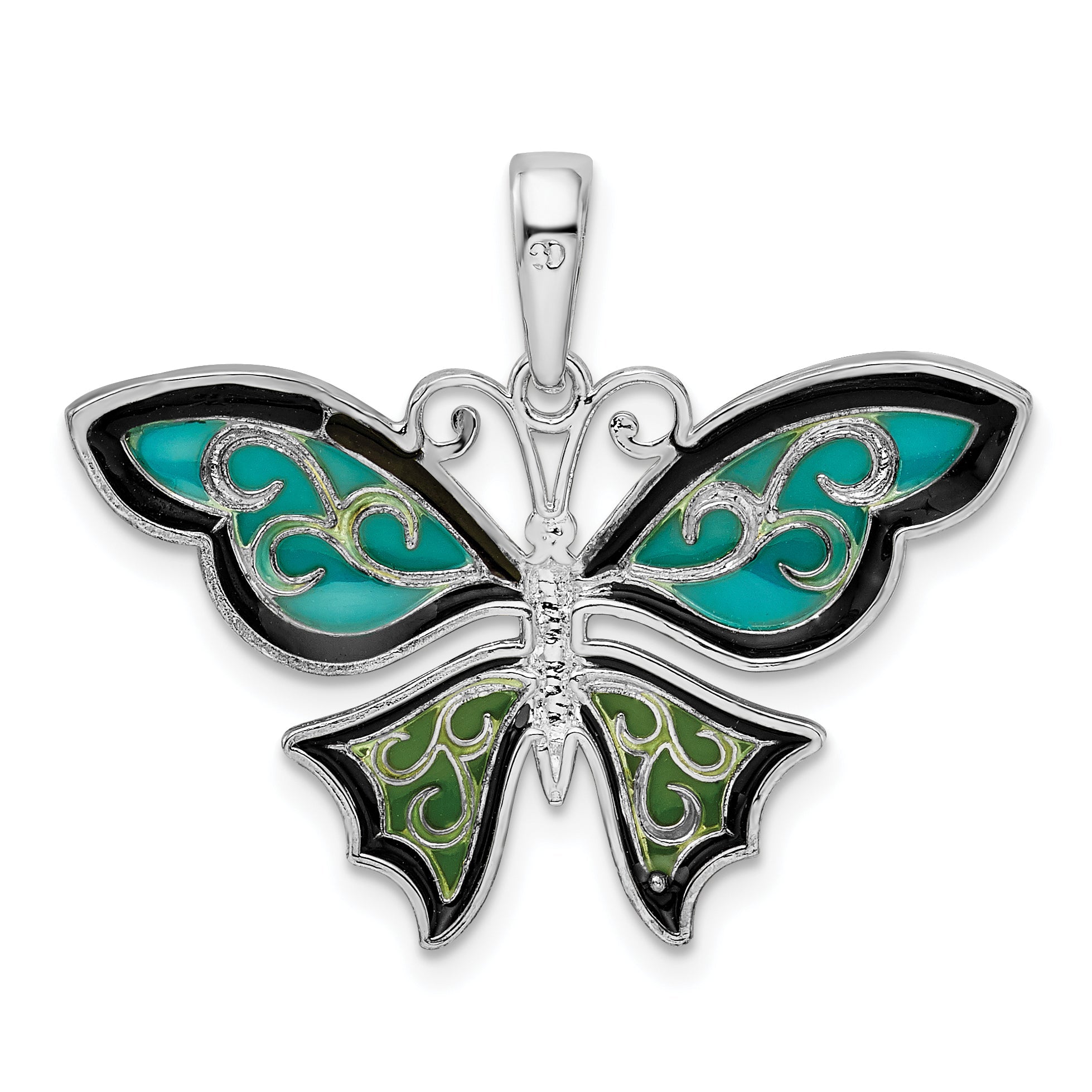 Sterlingsilber De-ani Rhodiniert Poliert Emailliert Aqua Schmetterling Anhänger