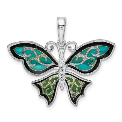 Sterlingsilber De-ani Rhodiniert Poliert Emailliert Aqua Schmetterling Anhänger