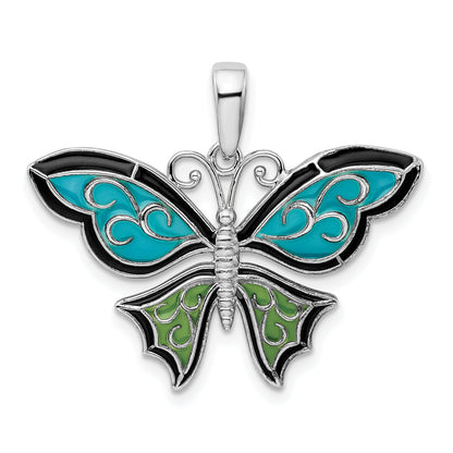 Sterlingsilber De-ani Rhodiniert Poliert Emailliert Aqua Schmetterling Anhänger