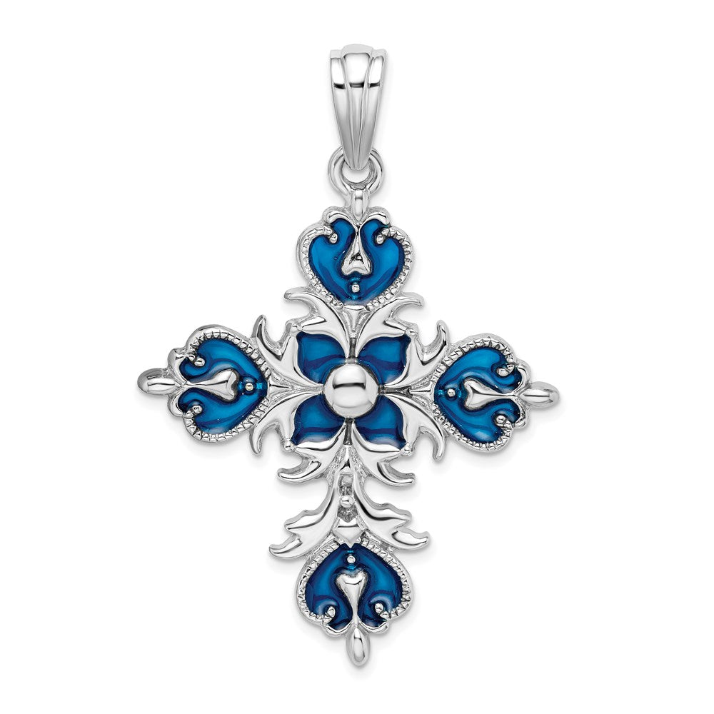 Sterlingsilber De-ani Rhodiniert Poliert Emailliert Fleur De Lis Kreuz Anhänger