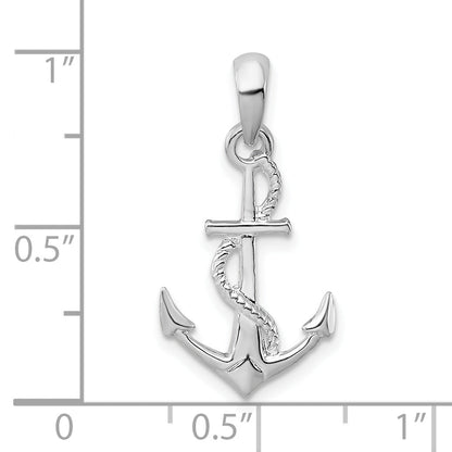 Sterlingsilber De-ani Rhodiniert Poliert und Strukturiert 3d Anker mit Kordel Anhänger