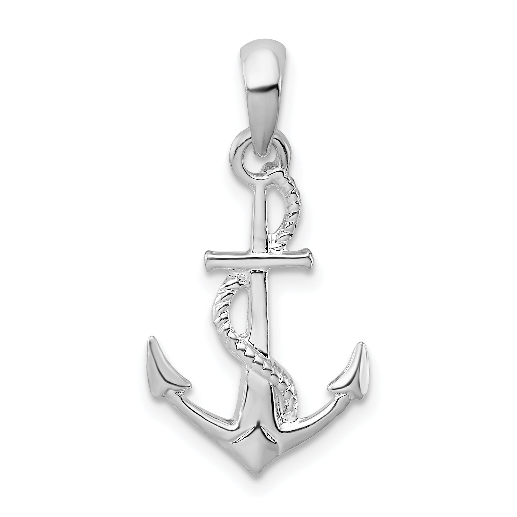 Sterlingsilber De-ani Rhodiniert Poliert und Strukturiert 3d Anker mit Kordel Anhänger