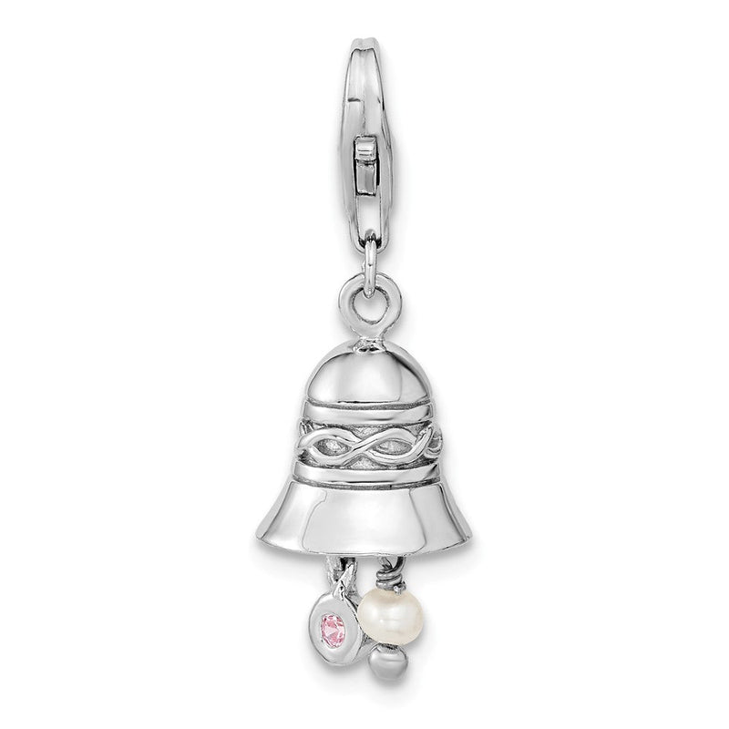 Sterlingsilber Amore La Vita Rhodiniert Poliert 3-d Zirkonia und Süßwasser Zuchtperle Hochzeit Bell Charm mit Fantasie Karabinerverschluss
