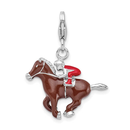Sterlingsilber Rhodiniert mit Karabinerverschluss Emaille Jockey auf Pferd Charm