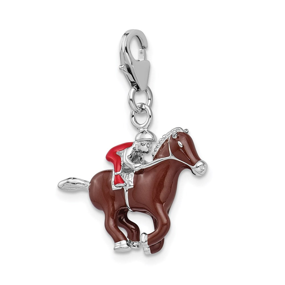 Sterlingsilber Rhodiniert mit Karabinerverschluss Emaille Jockey auf Pferd Charm