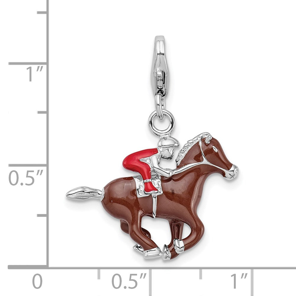 Sterlingsilber Rhodiniert mit Karabinerverschluss Emaille Jockey auf Pferd Charm