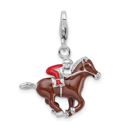 Sterlingsilber Rhodiniert mit Karabinerverschluss Emaille Jockey auf Pferd Charm