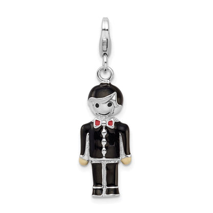 Sterlingsilber Rhodiniert mit Karabinerverschluss Schwarz Emaille Bräutigam Charm