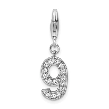 Sterlingsilber Rhodiniert Zirkonia Numeral 9 mit Karabinerverschluss Charm