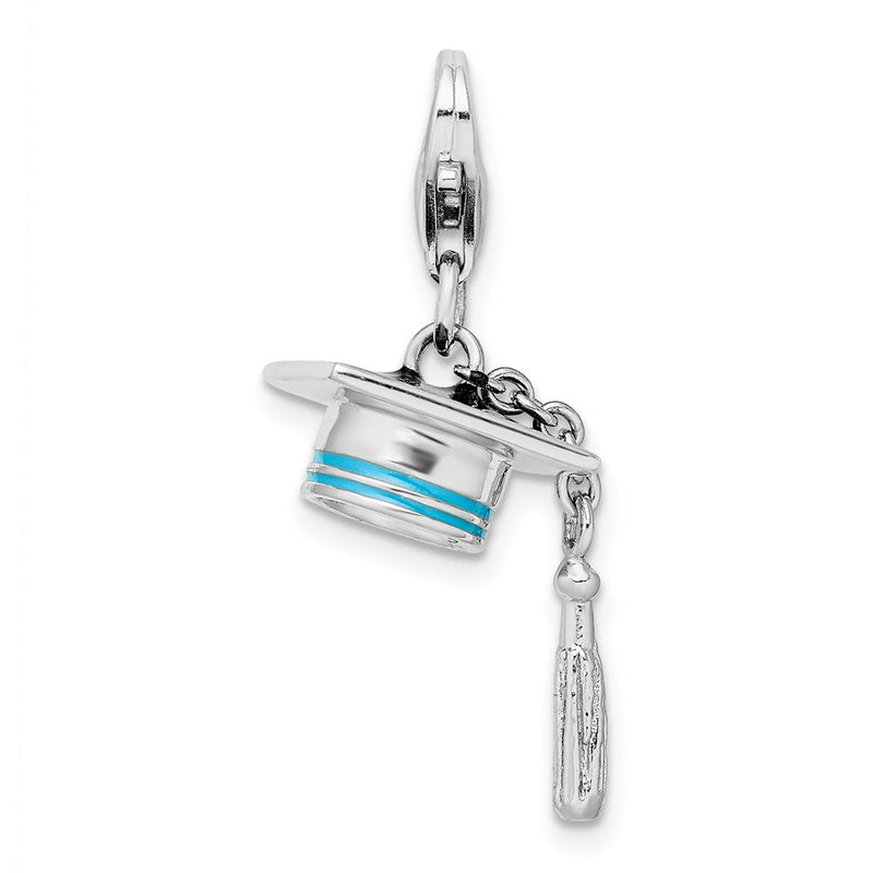 Sterlingsilber Amore La Vita Rhodiniert Poliert 3-d Beweglich Blau Emailliert Abschluss Cap Charm mit Fantasie Karabinerverschluss