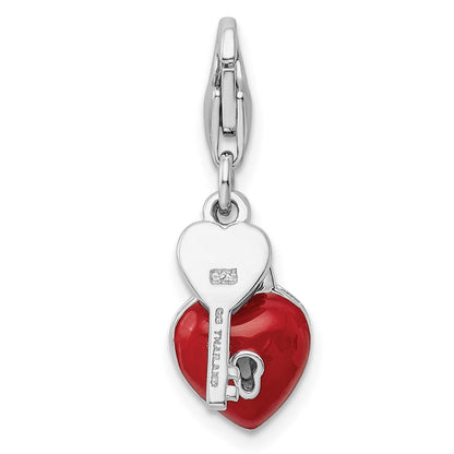Sterlingsilber Amore La Vita Rhodiniert Poliert 3-d Emailliert Herz und Key Charm mit Fantasie Karabinerverschluss