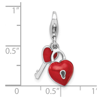 Sterlingsilber Amore La Vita Rhodiniert Poliert 3-d Emailliert Herz und Key Charm mit Fantasie Karabinerverschluss