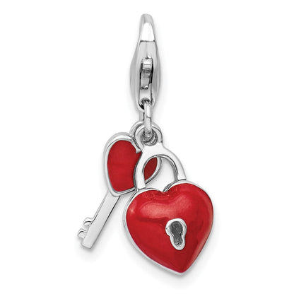 Sterlingsilber Amore La Vita Rhodiniert Poliert 3-d Emailliert Herz und Key Charm mit Fantasie Karabinerverschluss