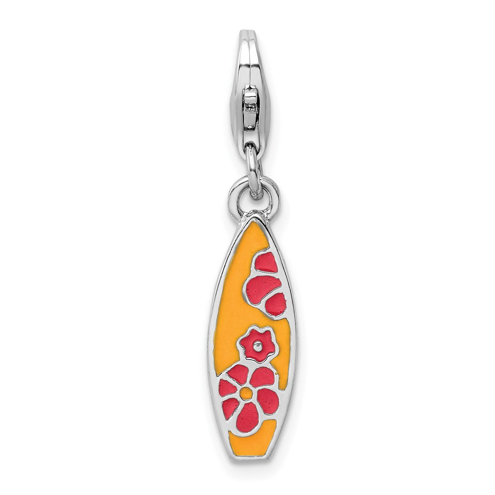 Sterlingsilber Amore La Vita Rhodiniert Poliert Emailliert Surf Board mit Blumen Karabinerverschluss Charm