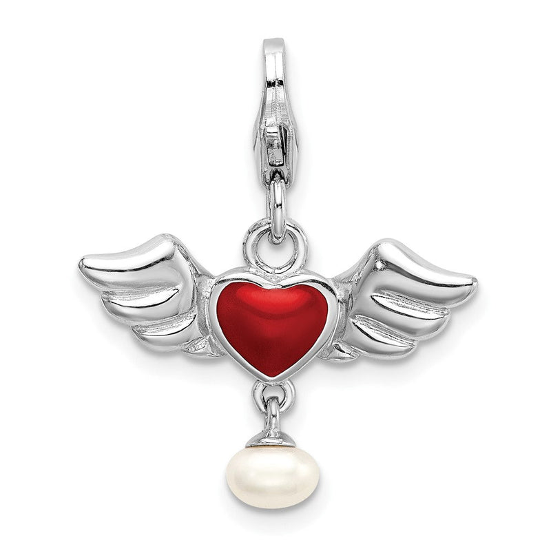 Sterlingsilber Amore La Vita Rhodiniert Poliert 3-d Winged Emailliert Rot Herz und Süßwasser Zuchtperle Hängend Charm mit Fantasie Karabinerverschluss