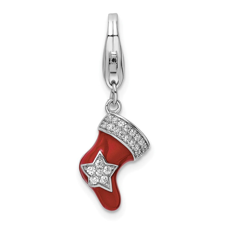 Sterlingsilber Amore La Vita Rhodiniert Poliert Zirkonia Emailliert Weihnachten Stocking Charm mit Fantasie Karabinerverschluss