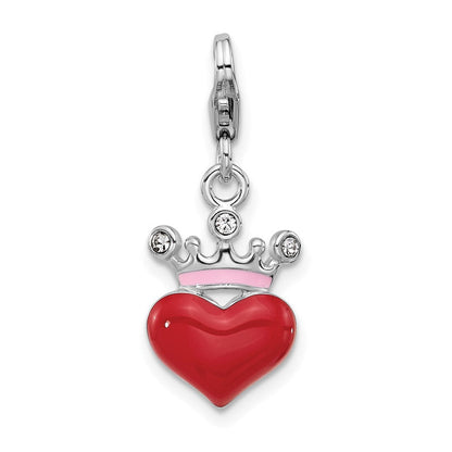 Sterlingsilber Amore La Vita Rhodiniert-pl Rot Emaille und Kristall Herz Krone Charm