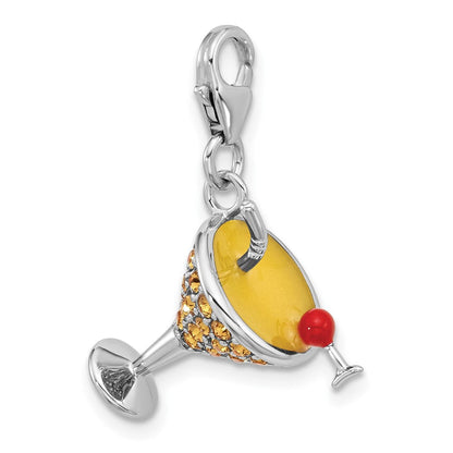 Sterlingsilber Amore La Vita Rhod-pl Emaille Kristall 3-d Martini Glas Charm
