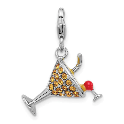 Sterlingsilber Amore La Vita Rhod-pl Emaille Kristall 3-d Martini Glas Charm