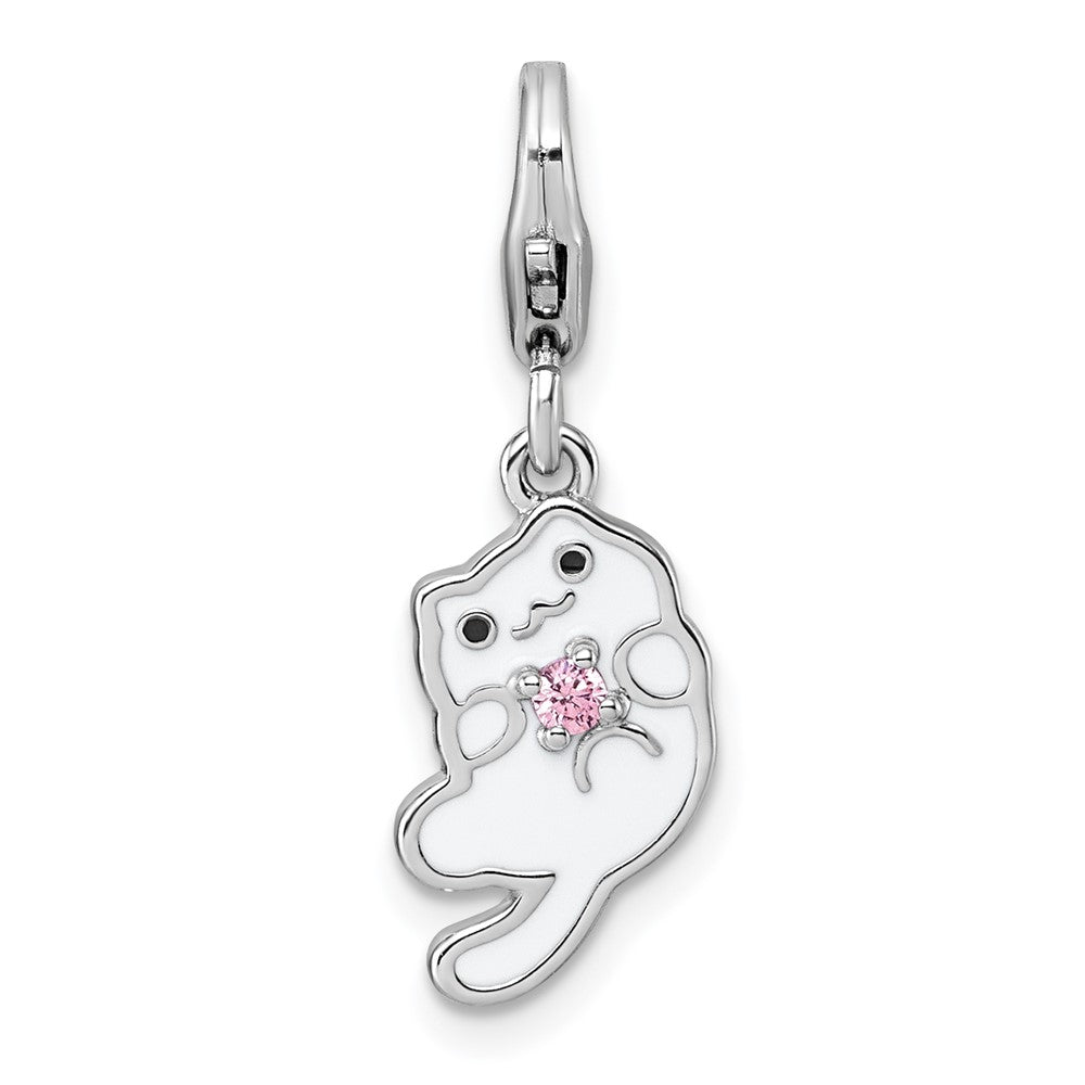 Sterlingsilber Amore La Vita Rhodiniert Emaille Katze mit Rosa Zirkonia Charm