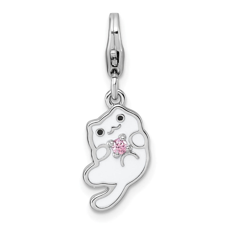 Sterlingsilber Amore La Vita Rhodiniert Emaille Katze mit Rosa Zirkonia Charm