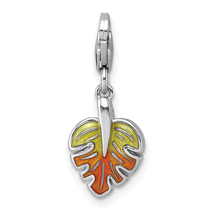 Sterlingsilber Amore La Vita Rhodiniert 3-d Grün Orange Emaille Zirkonia Blatt Charm
