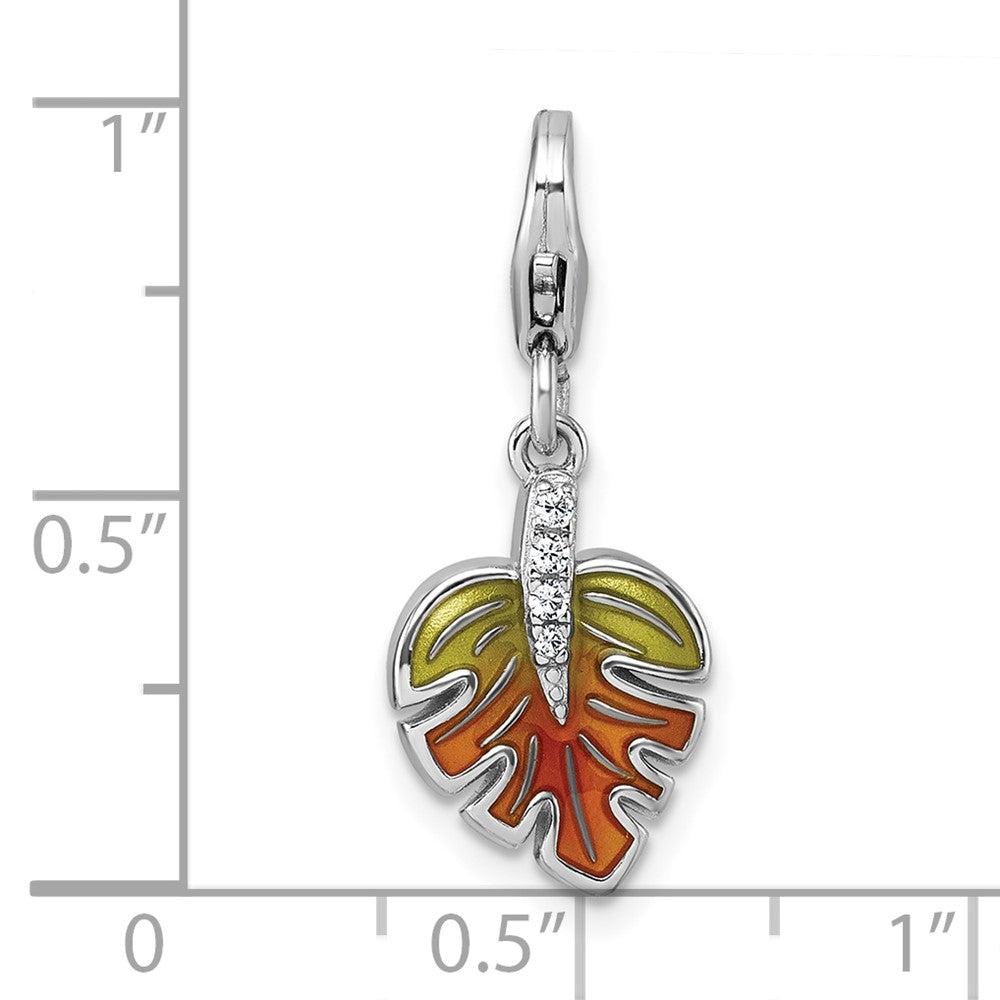 Sterlingsilber Amore La Vita Rhodiniert 3-d Grün Orange Emaille Zirkonia Blatt Charm