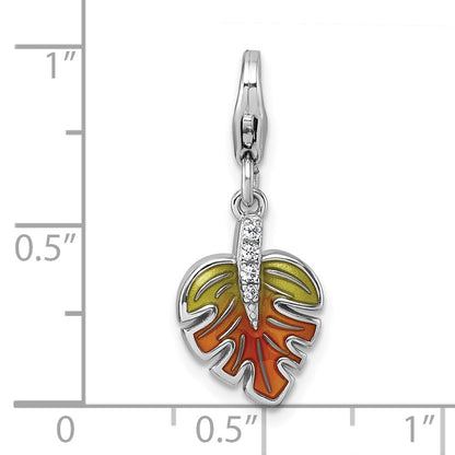 Sterlingsilber Amore La Vita Rhodiniert 3-d Grün Orange Emaille Zirkonia Blatt Charm