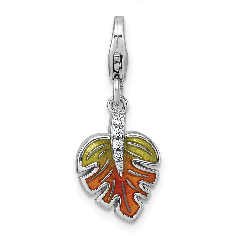 Sterlingsilber Amore La Vita Rhodiniert 3-d Grün Orange Emaille Zirkonia Blatt Charm