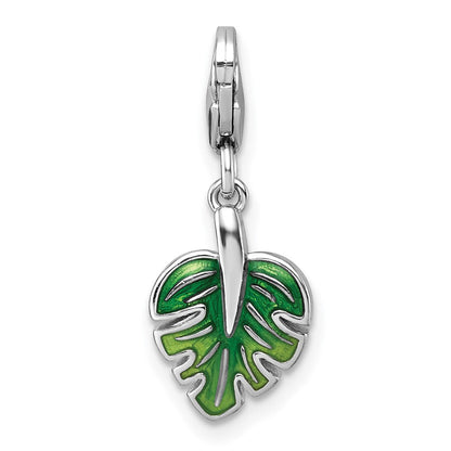 Sterlingsilber Amore La Vita Rhodiniert 3-d Grün Emaille Zirkonia Blatt Charm
