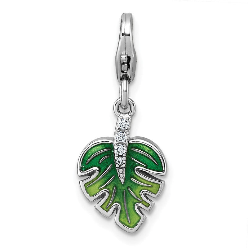 Sterlingsilber Amore La Vita Rhodiniert 3-d Grün Emaille Zirkonia Blatt Charm