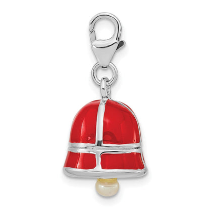 Sterlingsilber Ss Rhodiniert Fw Zuchtperle Rot Emaille Bell mit Karabinerverschluss Charm
